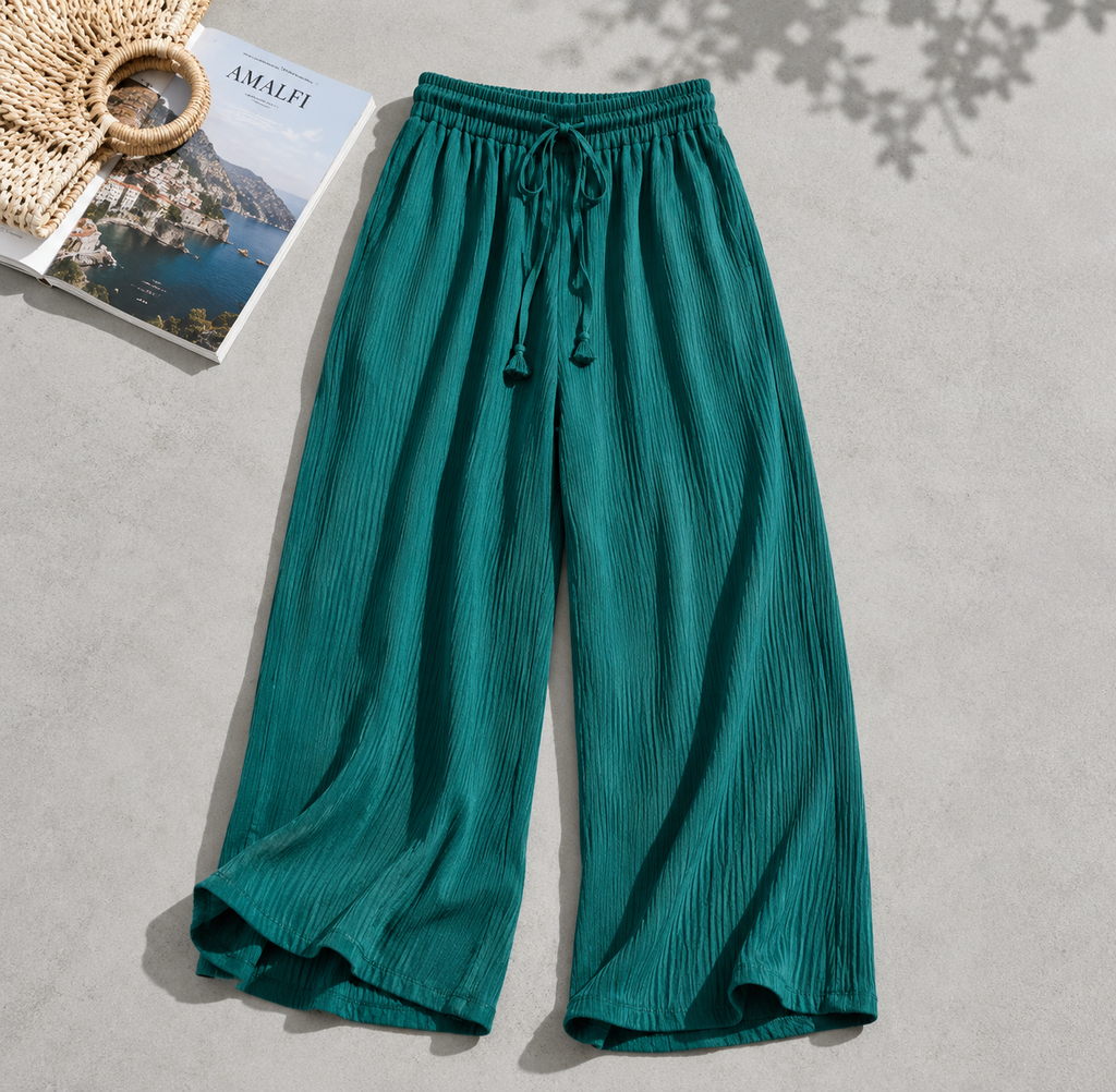 Plissierte Sommerhose mit weitem Bein aus Eis-Seidenoptik – Elastischer Bund