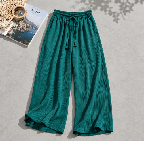 Plissierte Sommerhose mit weitem Bein aus Eis-Seidenoptik – Elastischer Bund
