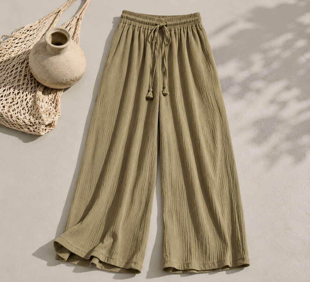 Plissierte Sommerhose mit weitem Bein aus Eis-Seidenoptik – Elastischer Bund